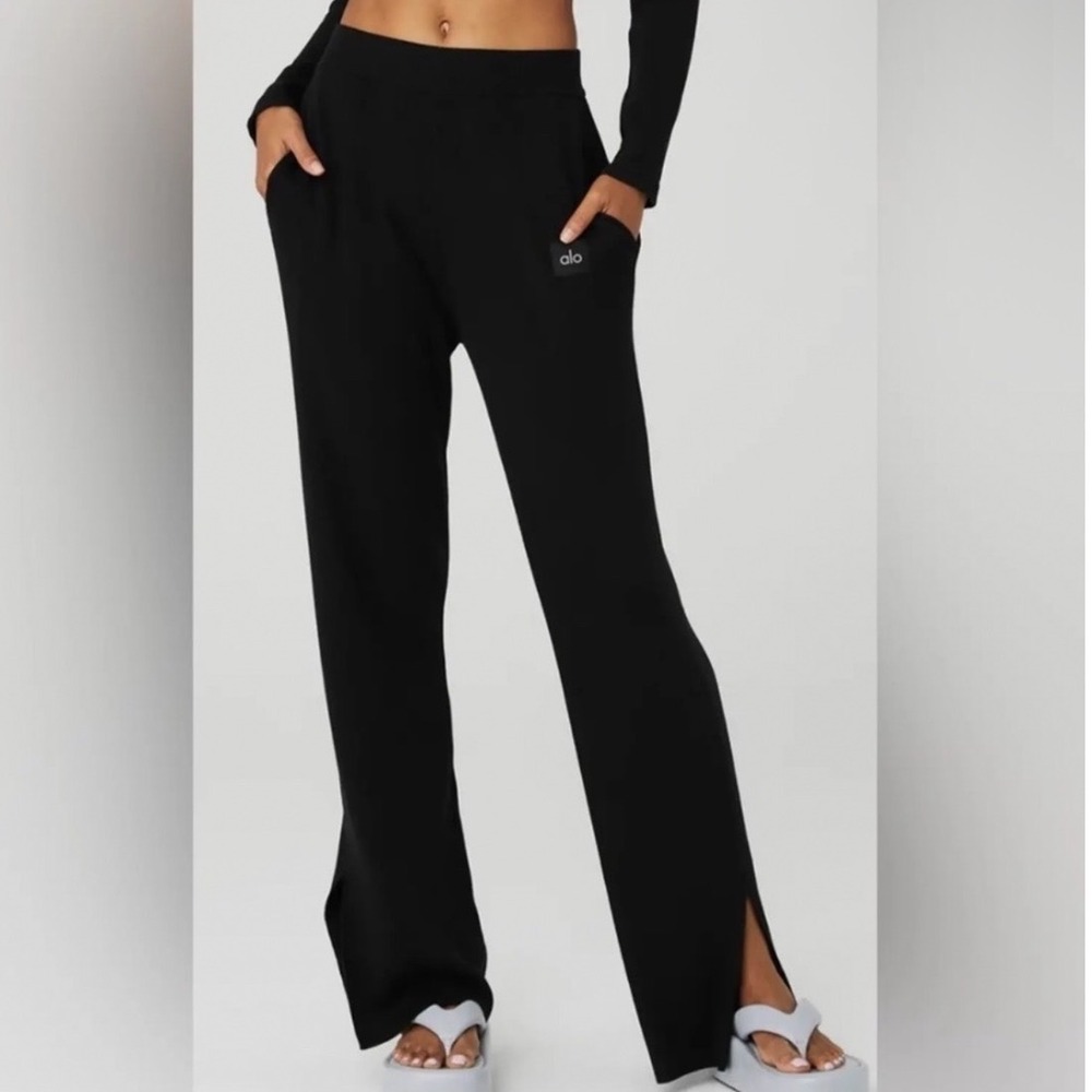 ALO YOGA Knit High-Waist Salana Wide Leg Pants Size Small Ribbed Black